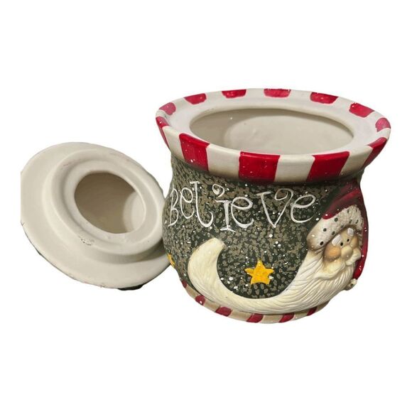 Huntington Hand painted ceramic Santa "Believe" holiday treat jar with glitter s - Picture 3 of 5